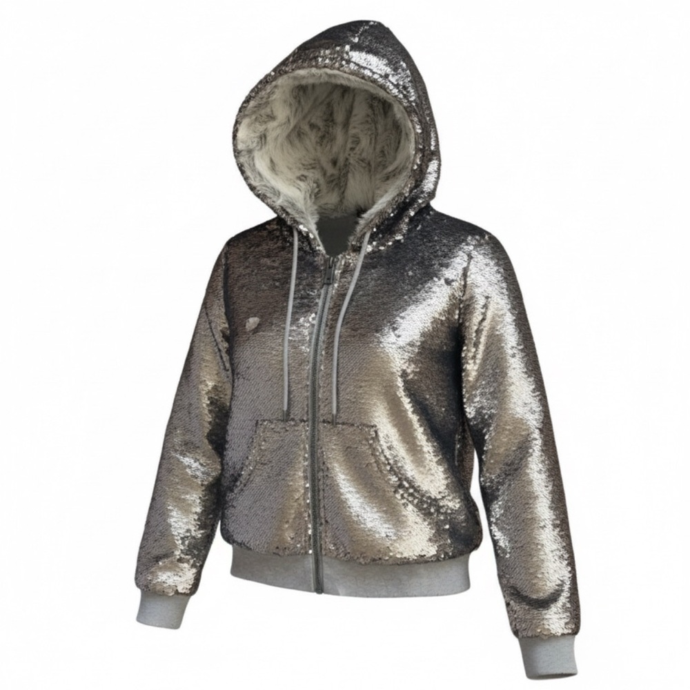 JOCELYN rabbit fur‎ sequins hoodie grey size medium